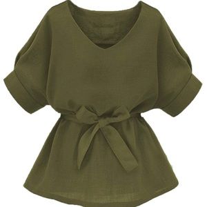 NWT Olive Green V-Neck Peplum Tie Waste Top